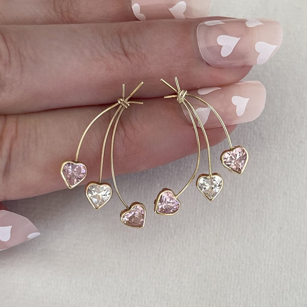 Vintage Solid 14K Yellow Gold Pink Clear CZ Hearts Dangle Spray Drop Earrings 90